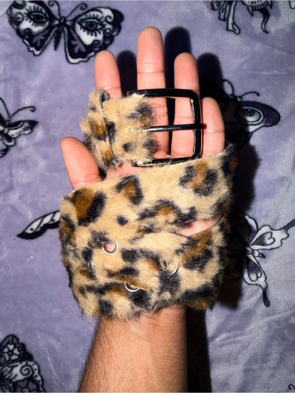 Y2K Faux Fur Leopard Print Statement Belt Retro Animal Print Grunge